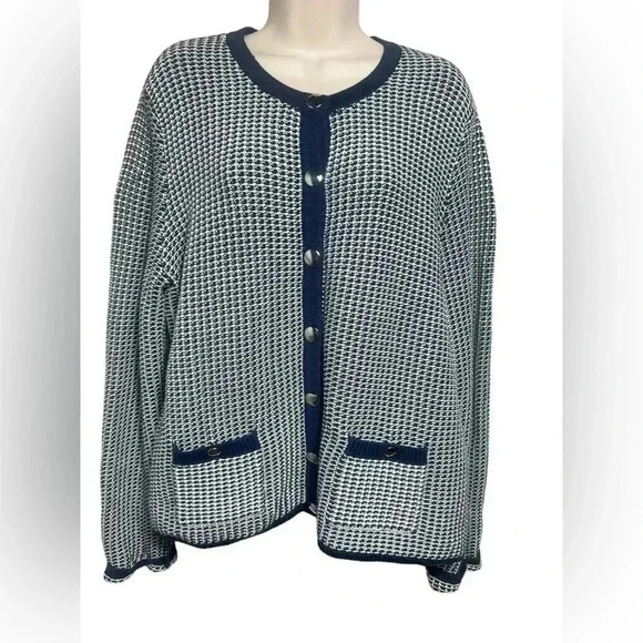 Banana Republic Women's Sweater Cardigan Large XL Blue White Knit 100% Cotton - Picture 1 of 10